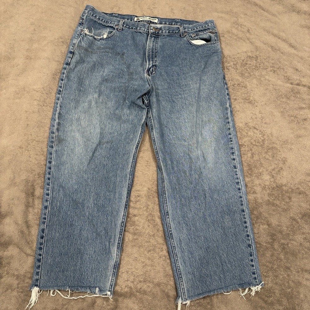 Harley Davidson Men's Jeans 42 X 30 Blue Denim Relaxed Fit Distress Straight Leg